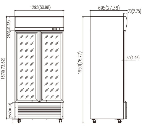 SZAFA CHŁODNICZA 880 L PRZESZKLONA DRZWI SKRZYDŁOWE RESTO QUALITY RQ1300H RYSUNEK WYMIARY