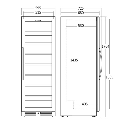 SV111B Chłodziarka do wina 461 l lodówka na 126 butelki 595x680x1764 mm - wymiary