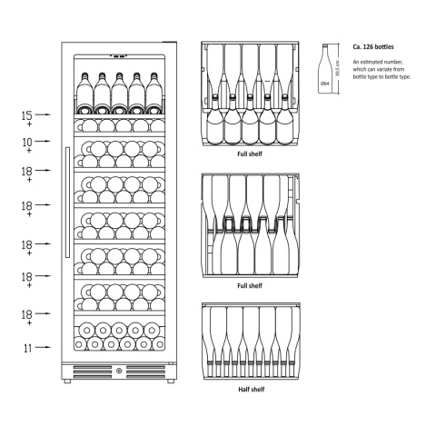 SV111B Chłodziarka do wina 461 l lodówka na 126 butelki 595x680x1764 mm - układ butelek