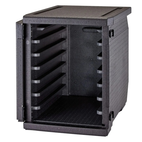 Czarny pojemnik termoizolacyjny Cambro Cam GoBox 126 L z prowadnicami otwarty