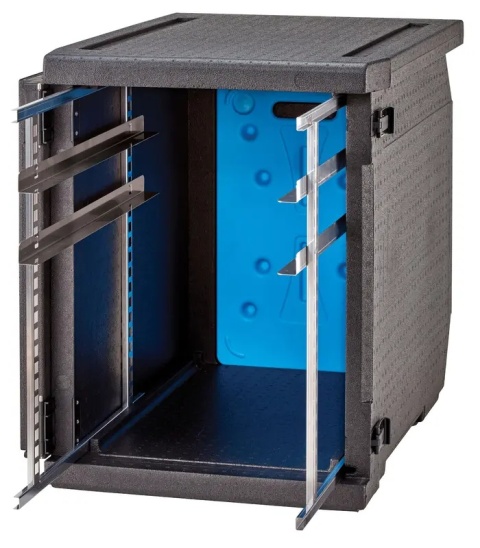 Czarny pojemnik termoizolacyjny Cambro Cam GoBox 155 L z elementem chłodzącym