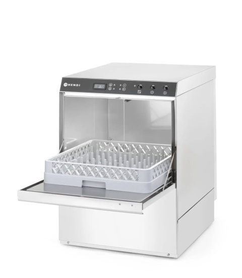 Solidne, dwuwarstwowe drzwi zmywarki z koszem gastronomicznej Hendi.