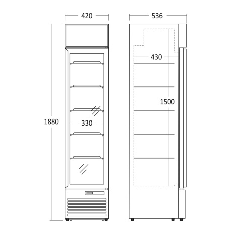 profesjonalna witryna chłodnicza DCC159BD wąska chłodziarka przeszklona - wymiary