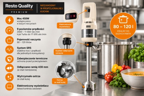 Mikser zanurzeniowy Resto Quality Premium FM450VV400 430 mm 450W cechy urządzenia