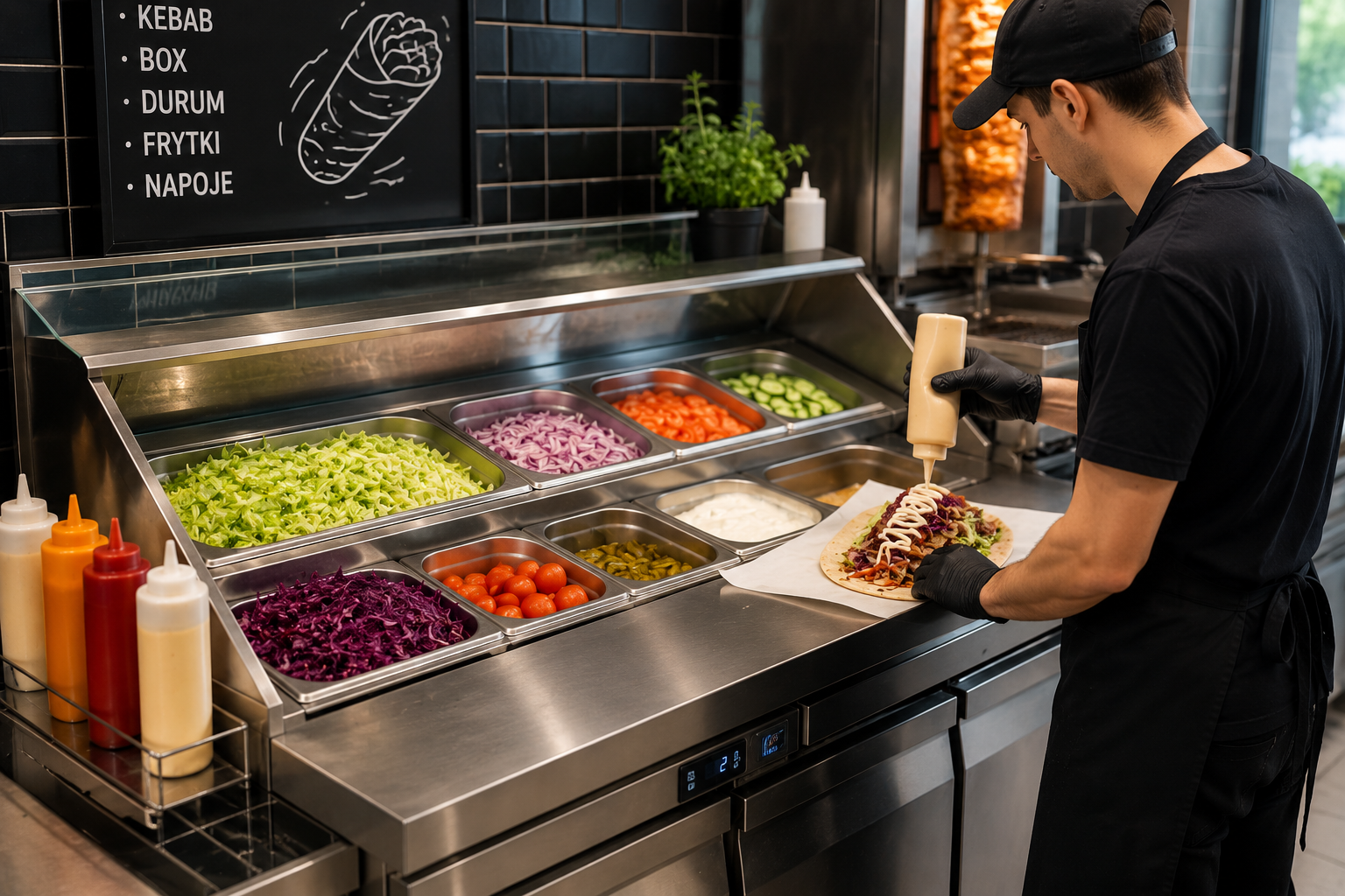 St&oacute;ł sałatkowy z nadstawką chłodniczą wykorzystywany do składania kebab&oacute;w