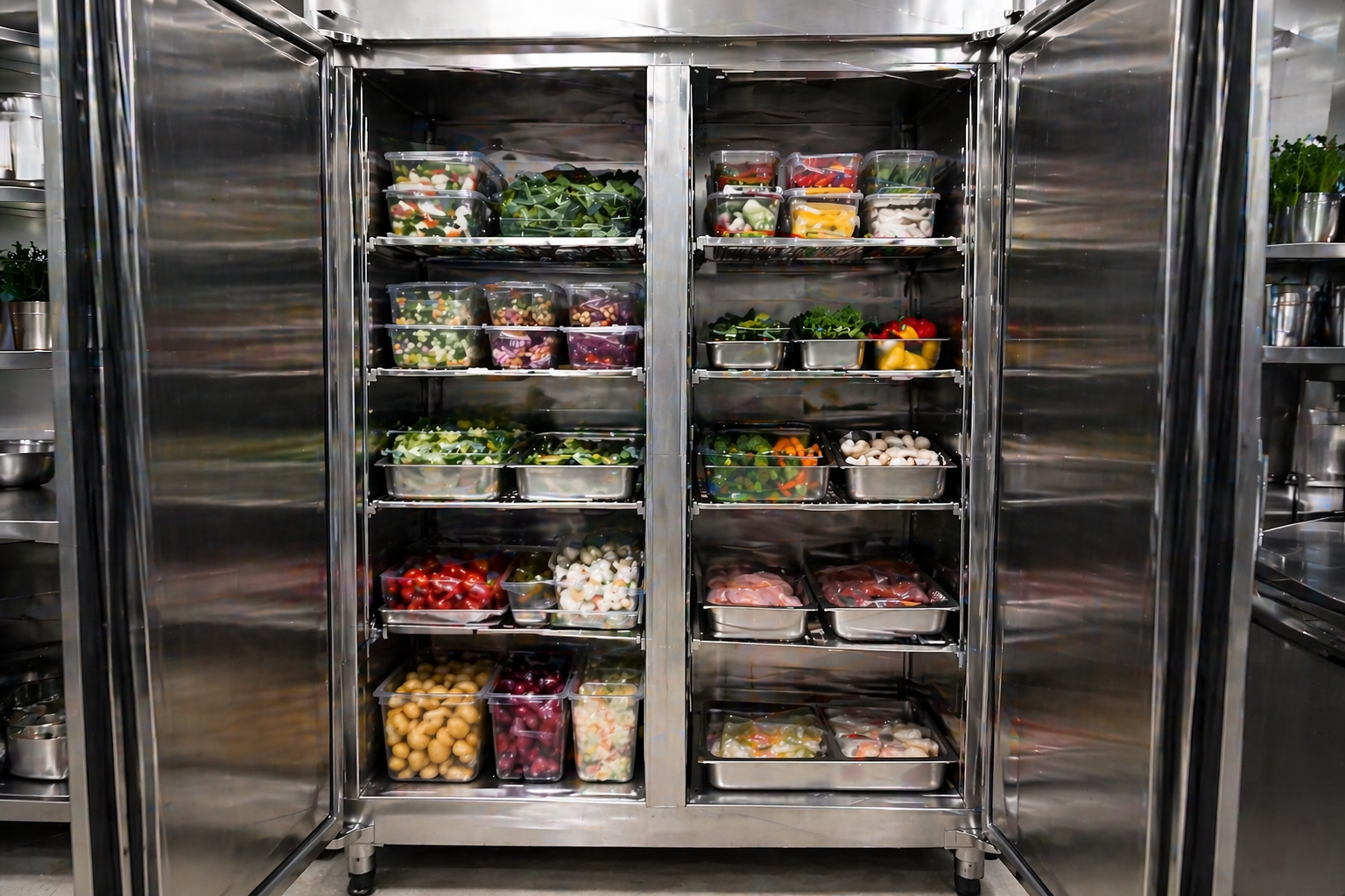 Wnętrze dobrze zorganizowanej szafy chłodniczej z pojemnikami GN w kuchni gastronomicznej