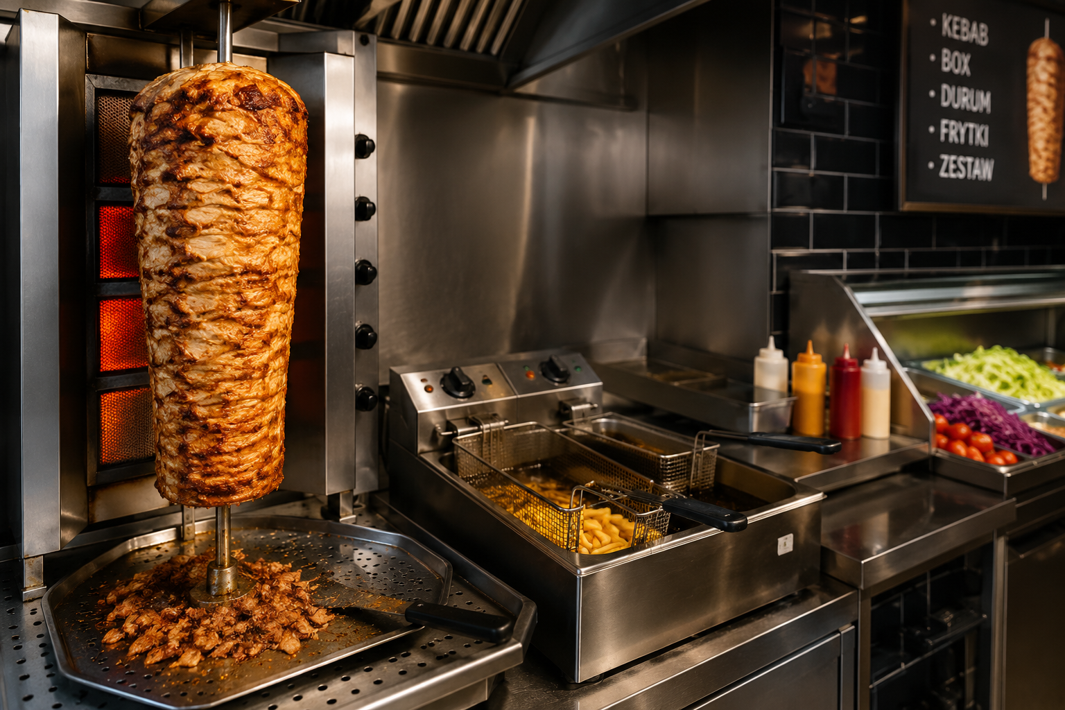 Wyposażenie kebabowni &ndash; opiekacz do kebaba i frytownica gastronomiczna podczas pracy