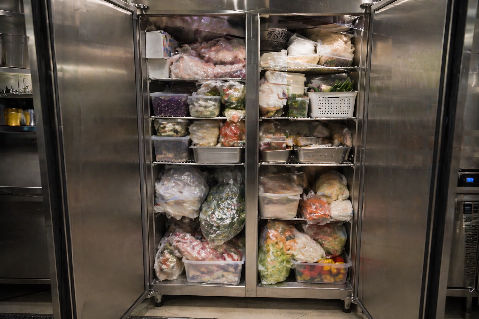 Przeładowana szafa chłodnicza w kuchni gastronomicznej z nadmiarem produkt&oacute;w utrudniającym cyrkulację powietrza