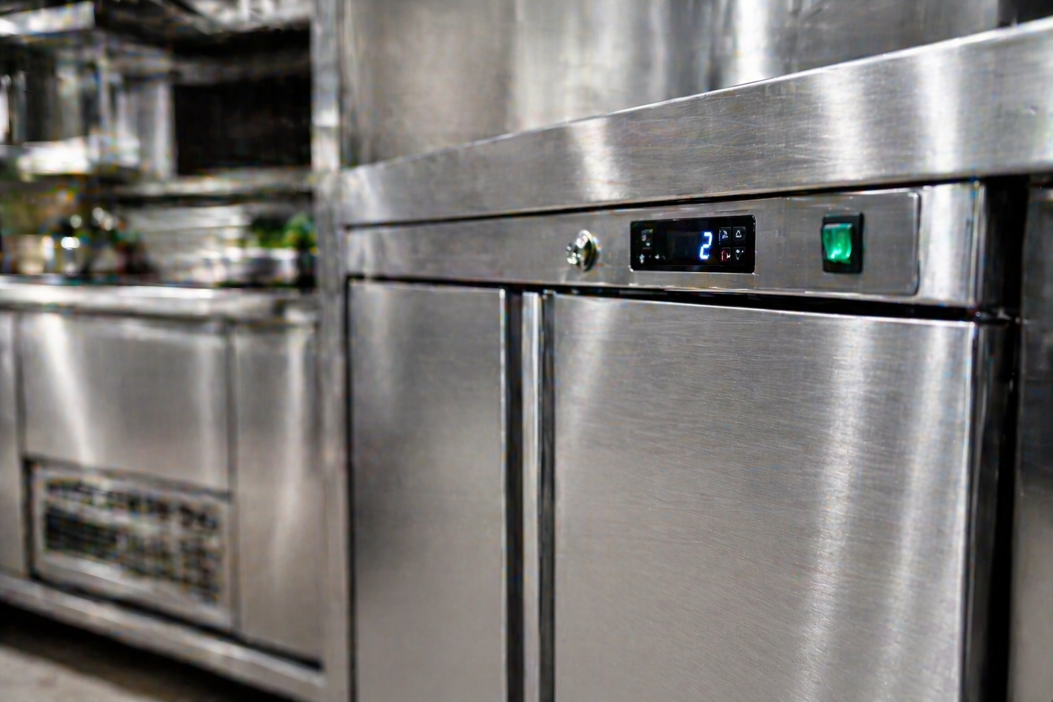 Detal szafy chłodniczej ze stali nierdzewnej inox w profesjonalnej kuchni gastronomicznej