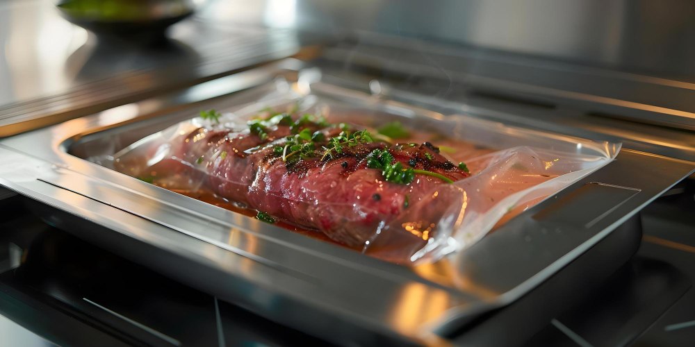 Mięso wołowe gotowane metodą sous-vide – szczelnie zapakowane w worek próżniowy w kąpieli wodnej