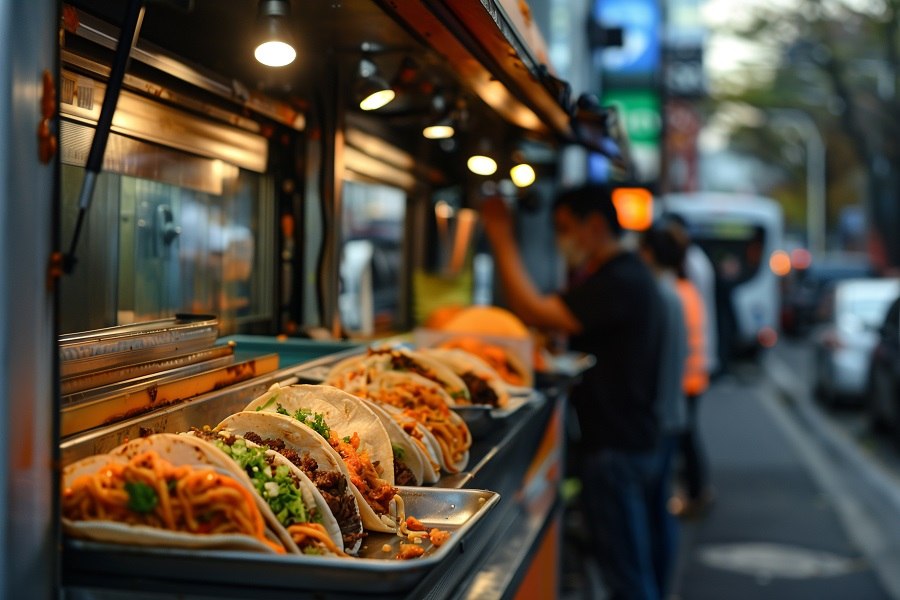 Food truck w ruchliwej wakacyjnej lokalizacji z kolejką klientów