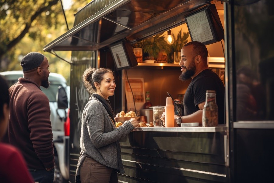 Mobilna gastronomia – nowoczesny food truck z otwartym okienkiem sprzedaży
