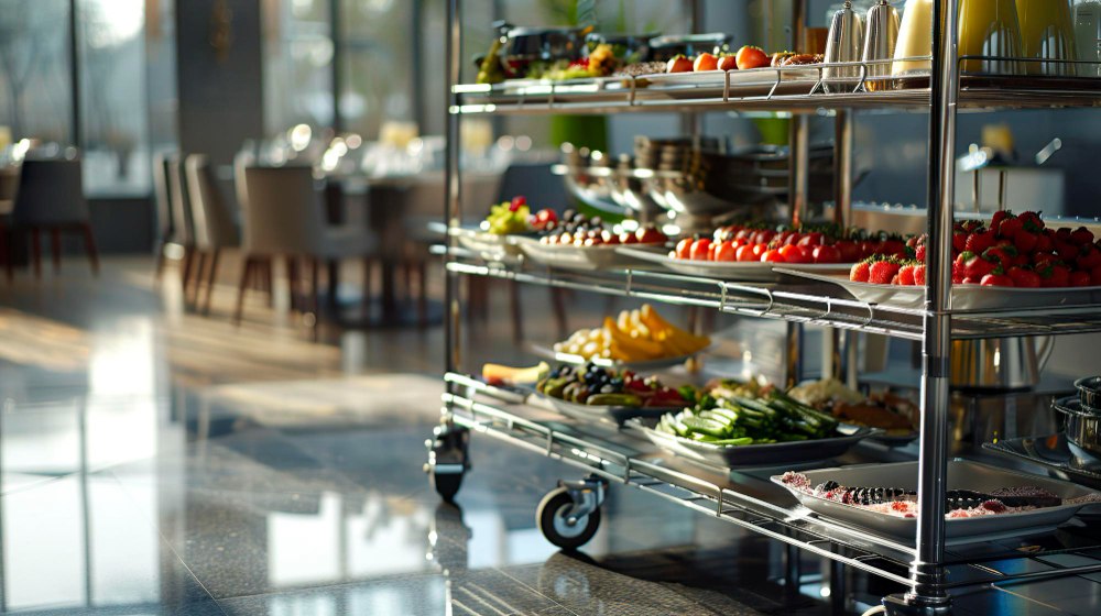 Wózek z półkami w cateringu zbiorowym