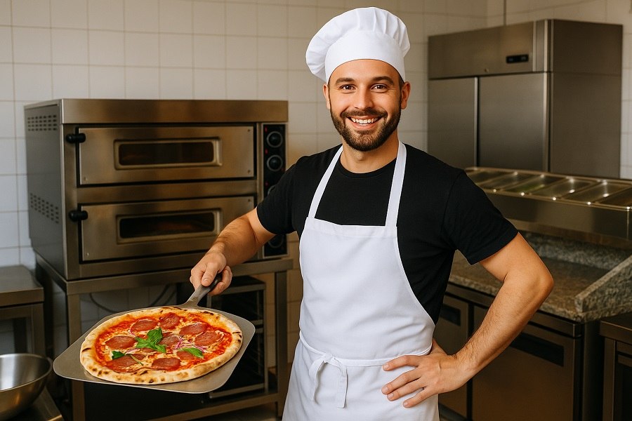 Właściciel nowo otwartej pizzerii przy piecu z gotową pizzą – gotowy lokal gastronomiczny