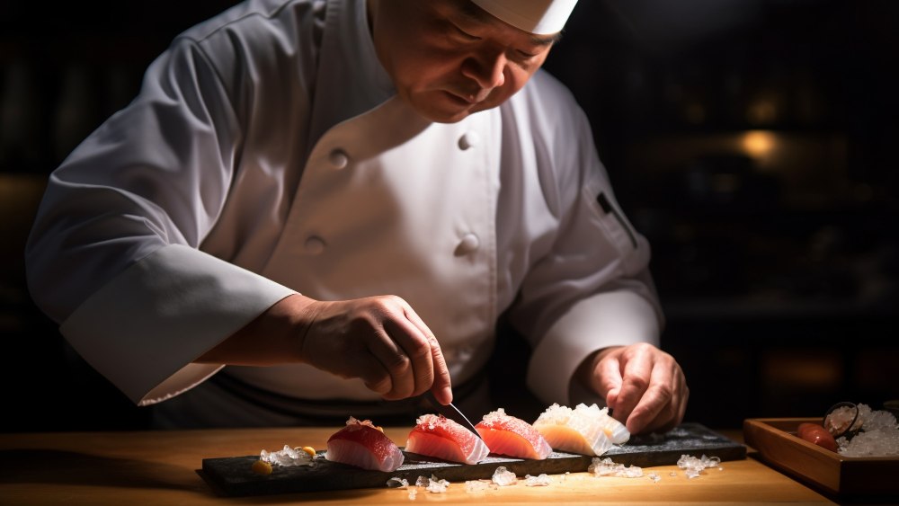 Sushi master krojący rybę