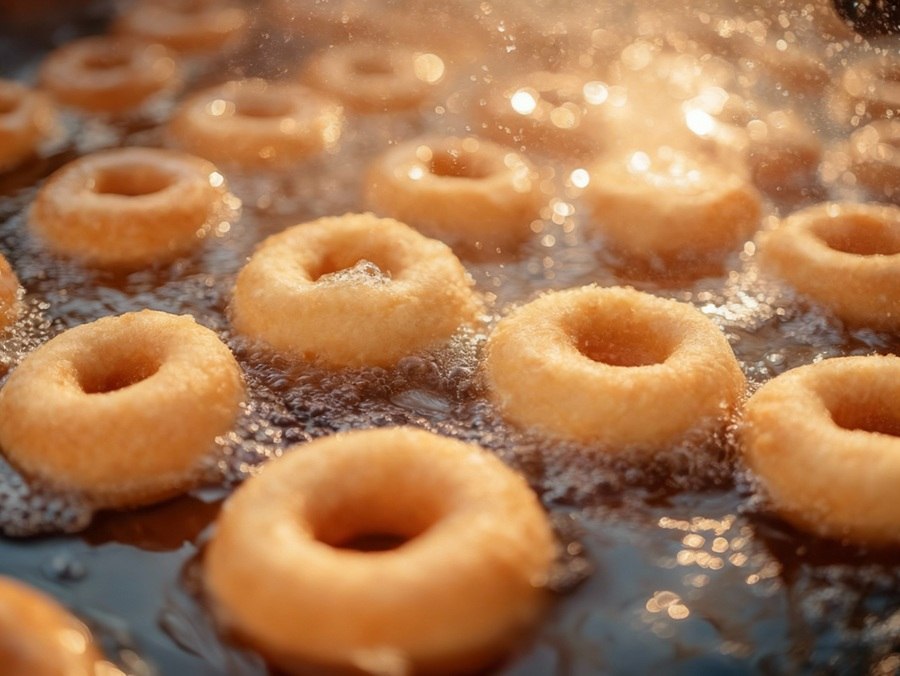 profesjonalne wyposażenie pączkarni – pączki w smażalniku
