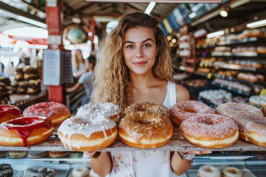 pączki z lukrem i posypką w różnych kolorach