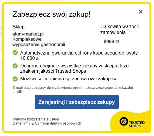 Baner Trusted Shops z przyciskiem „Aktywuj ochronę” – bezpieczne zakupy do 10 000 zł w Atom Market