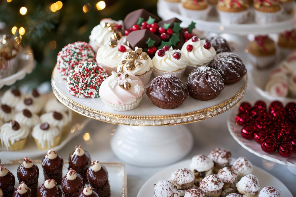 Patery z ciastami i deserami ustawione na stole bufetowym w restauracji