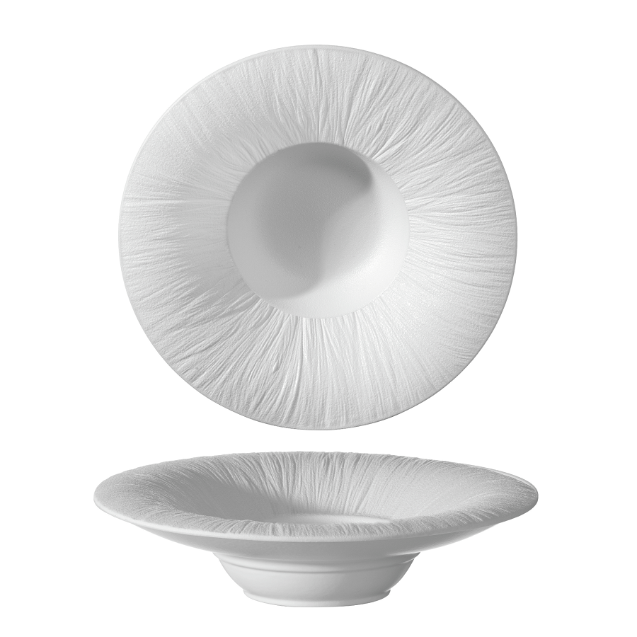 Nowoczesna biała porcelana Fine Dine Fiord w restauracji - talerz głęboki widok z góry i z boku
