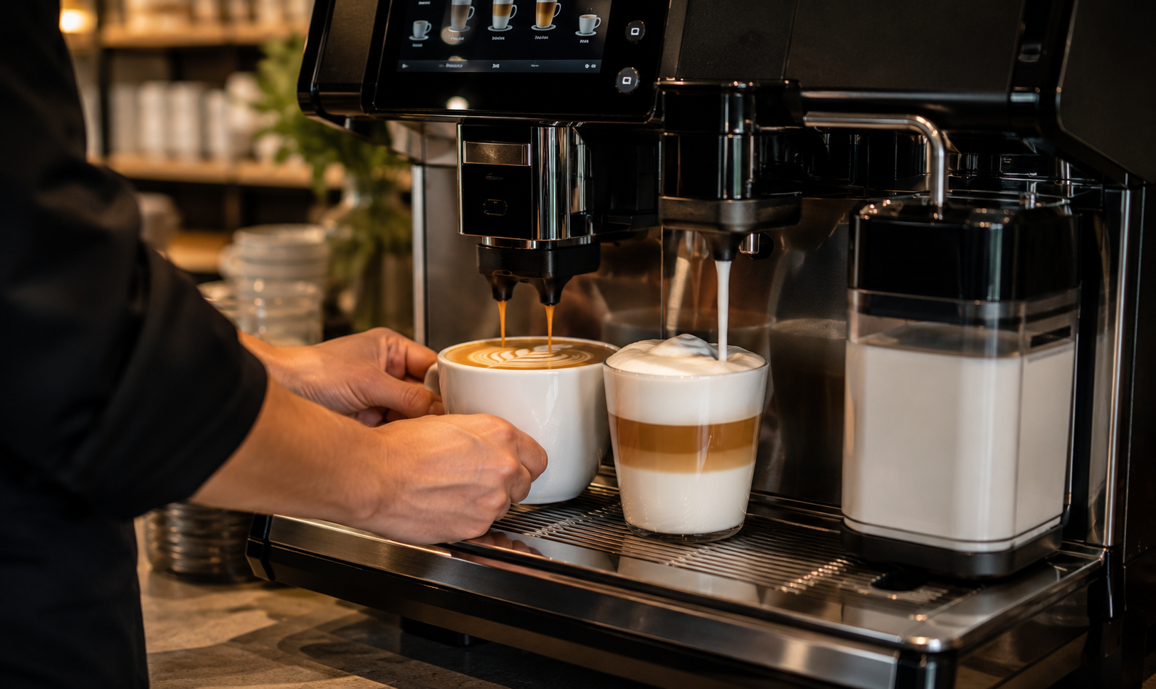 Ekspres automatyczny przygotowujący cappuccino i latte z systemem mlecznym