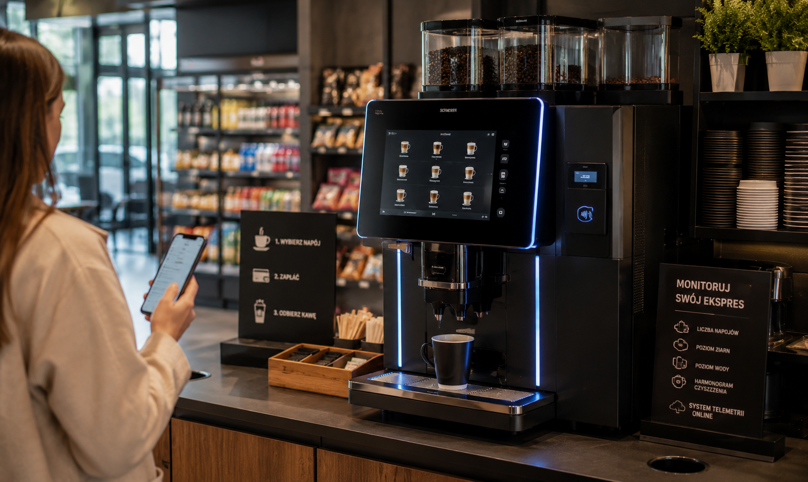 Nowoczesny ekspres samoobsługowy z telemetrią w gastronomii i hotelu