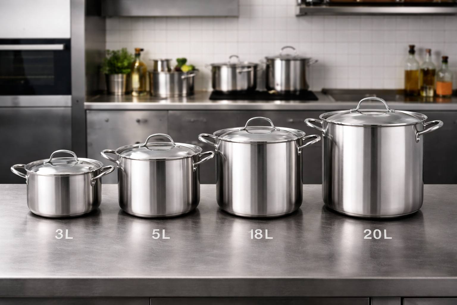 Garnki gastronomiczne o r&oacute;żnych pojemnościach od 3L do 20L ustawione obok siebie