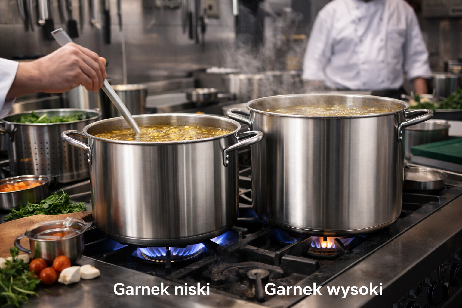 Profesjonalna kuchnia restauracyjna &ndash; gotowanie zupy w dużych garnkach gastronomicznych