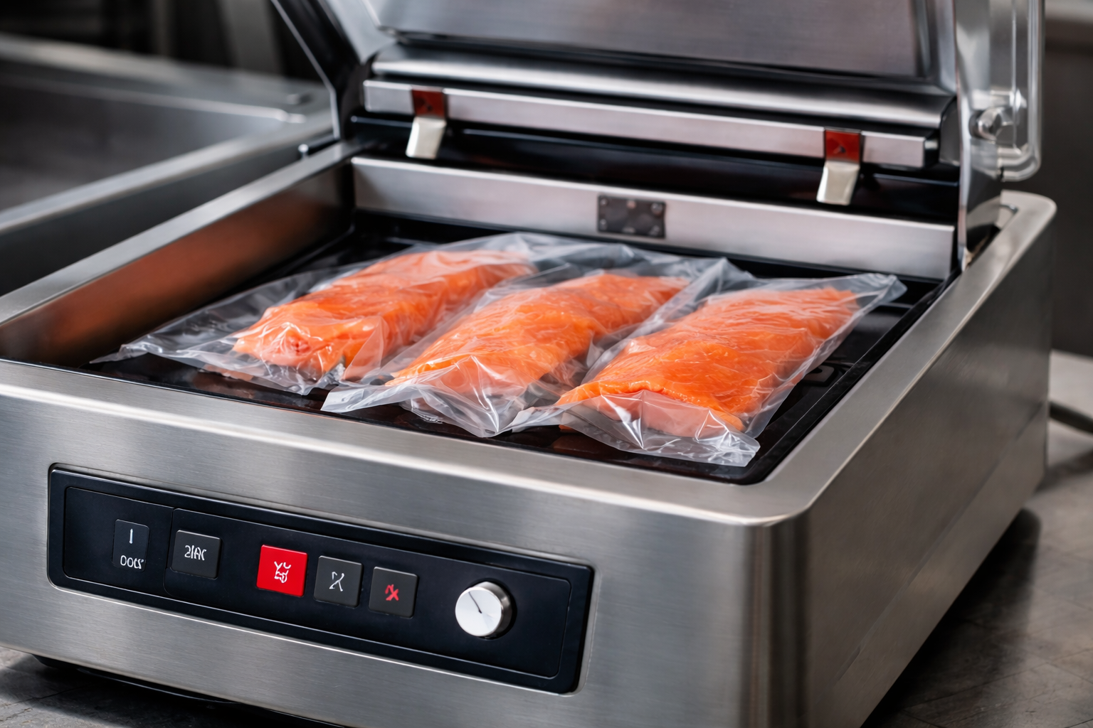 Pakowanie filet&oacute;w rybnych w pakowarce pr&oacute;żniowej w profesjonalnej kuchni gastronomicznej