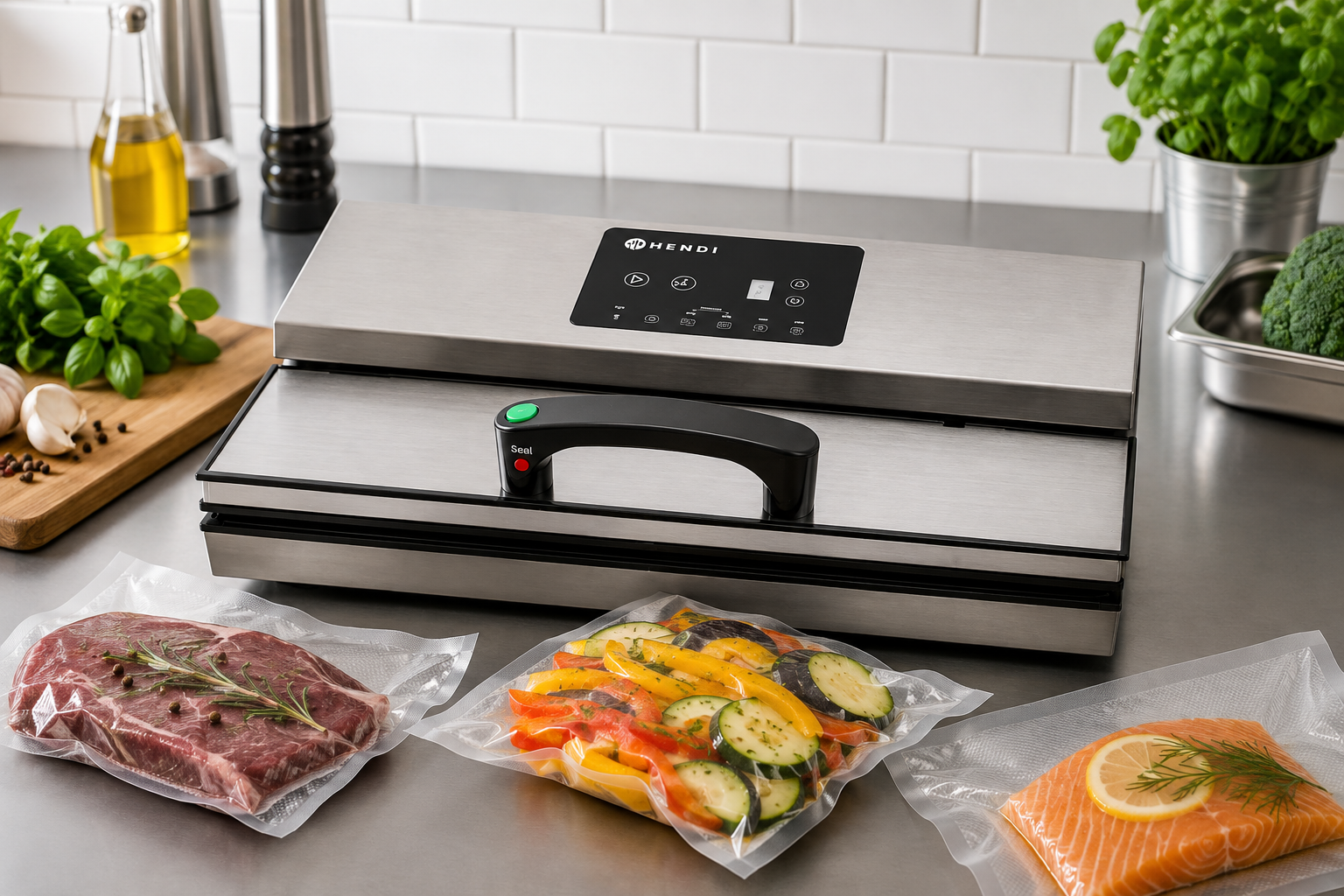 Pakowarka pr&oacute;żniowa listwowa Hendi Kitchen Line 410 mm z zapakowanym mięsem, warzywami i łososiem
