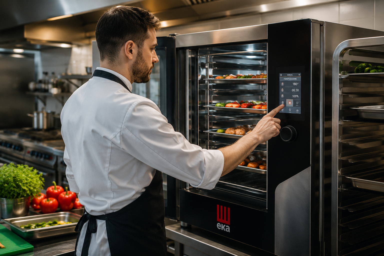 Piec gastronomiczny w użyciu &ndash; kucharz obsługujący piec konwekcyjno-parowy w profesjonalnej kuchni