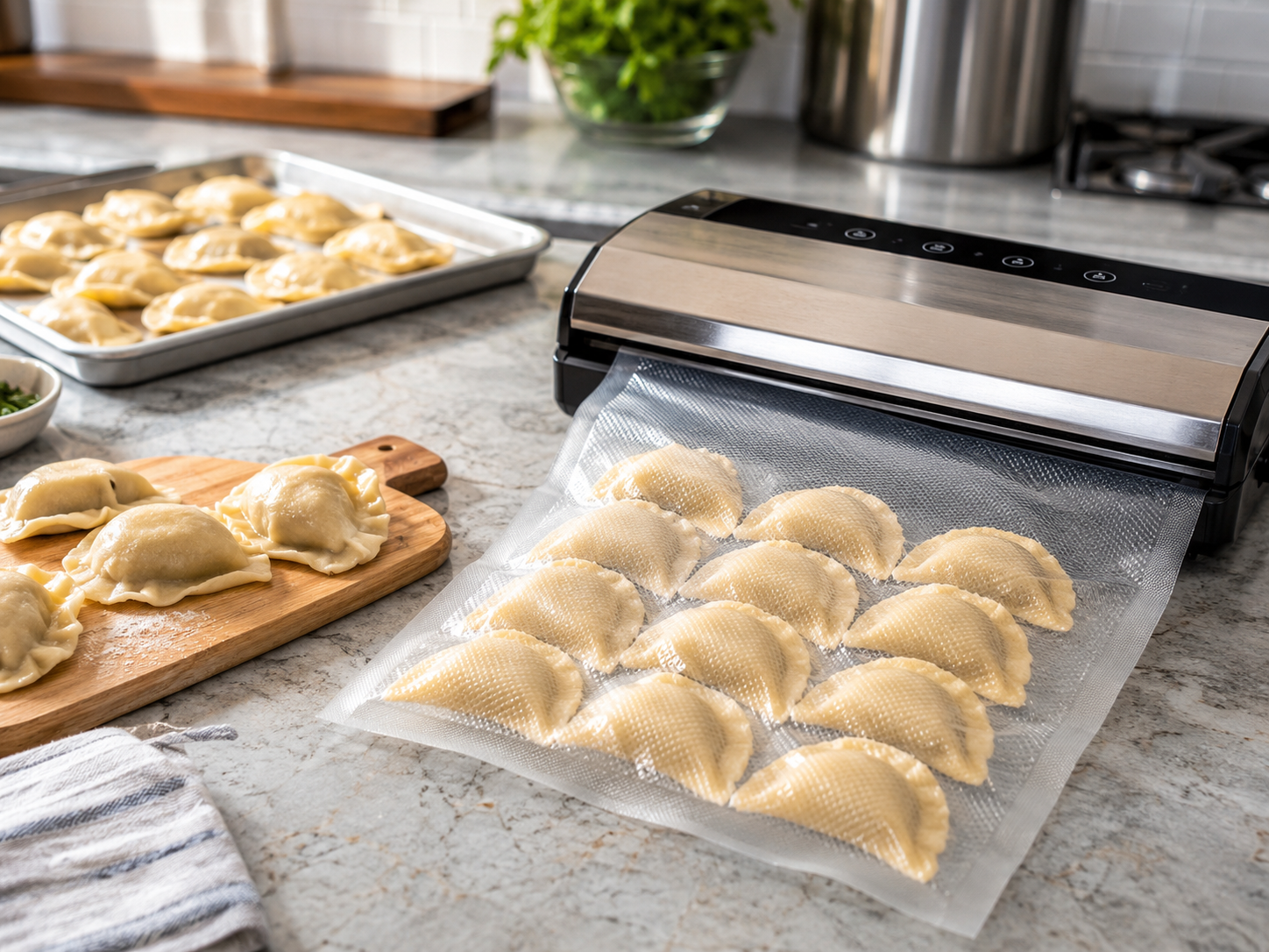Pierogi pakowane pr&oacute;żniowo w worku moletowanym przy użyciu pakowarki listwowej