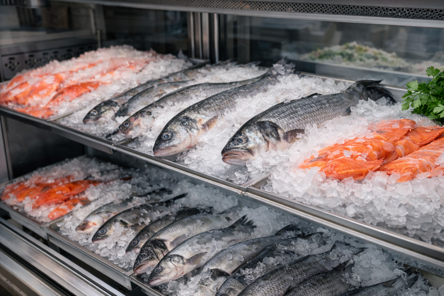 Świeże ryby przechowywane na kruszonym lodzie w restauracji gastronomicznej