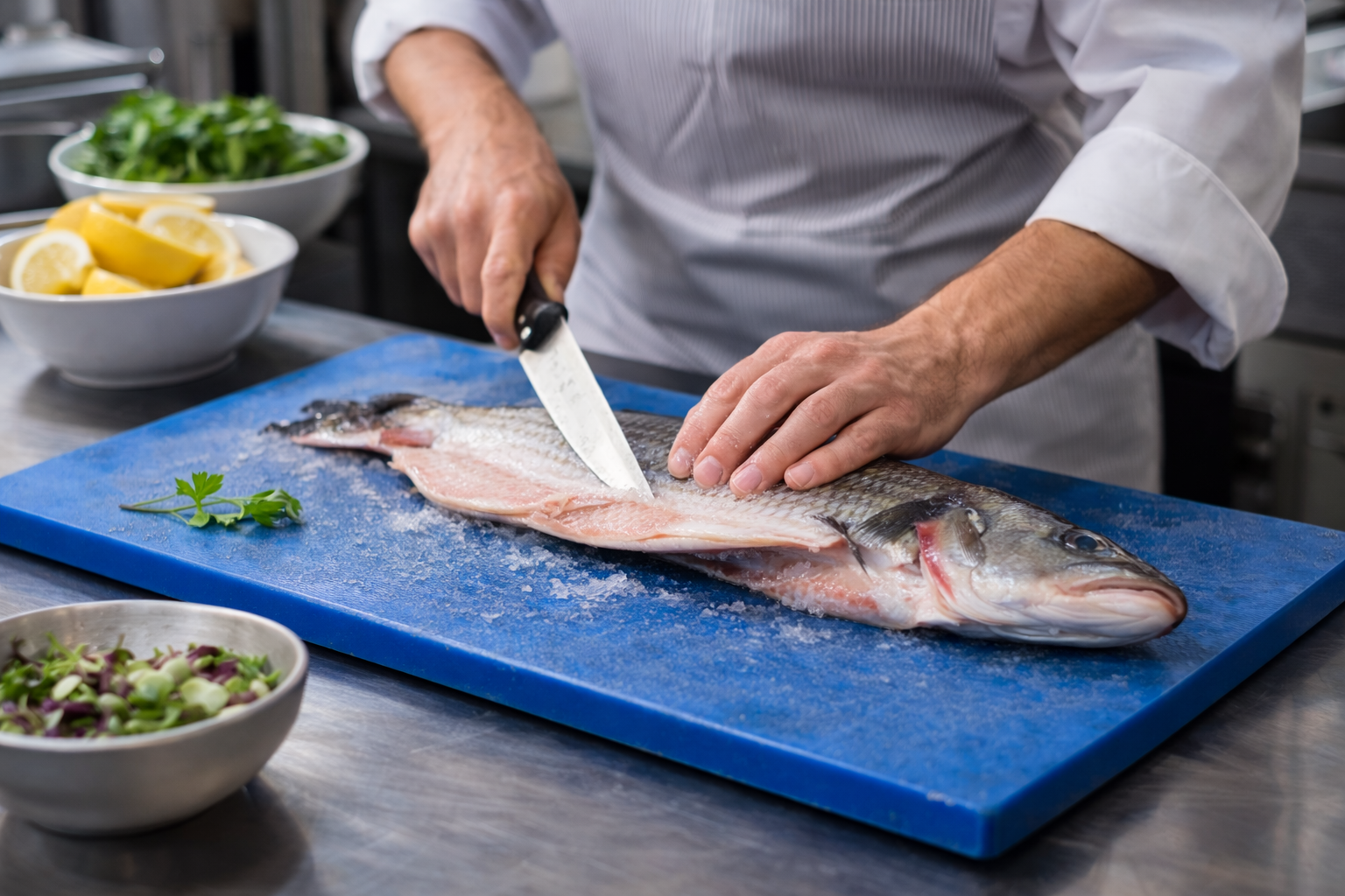 Przygotowywanie i filetowanie ryby przez kucharza w profesjonalnej kuchni gastronomicznej