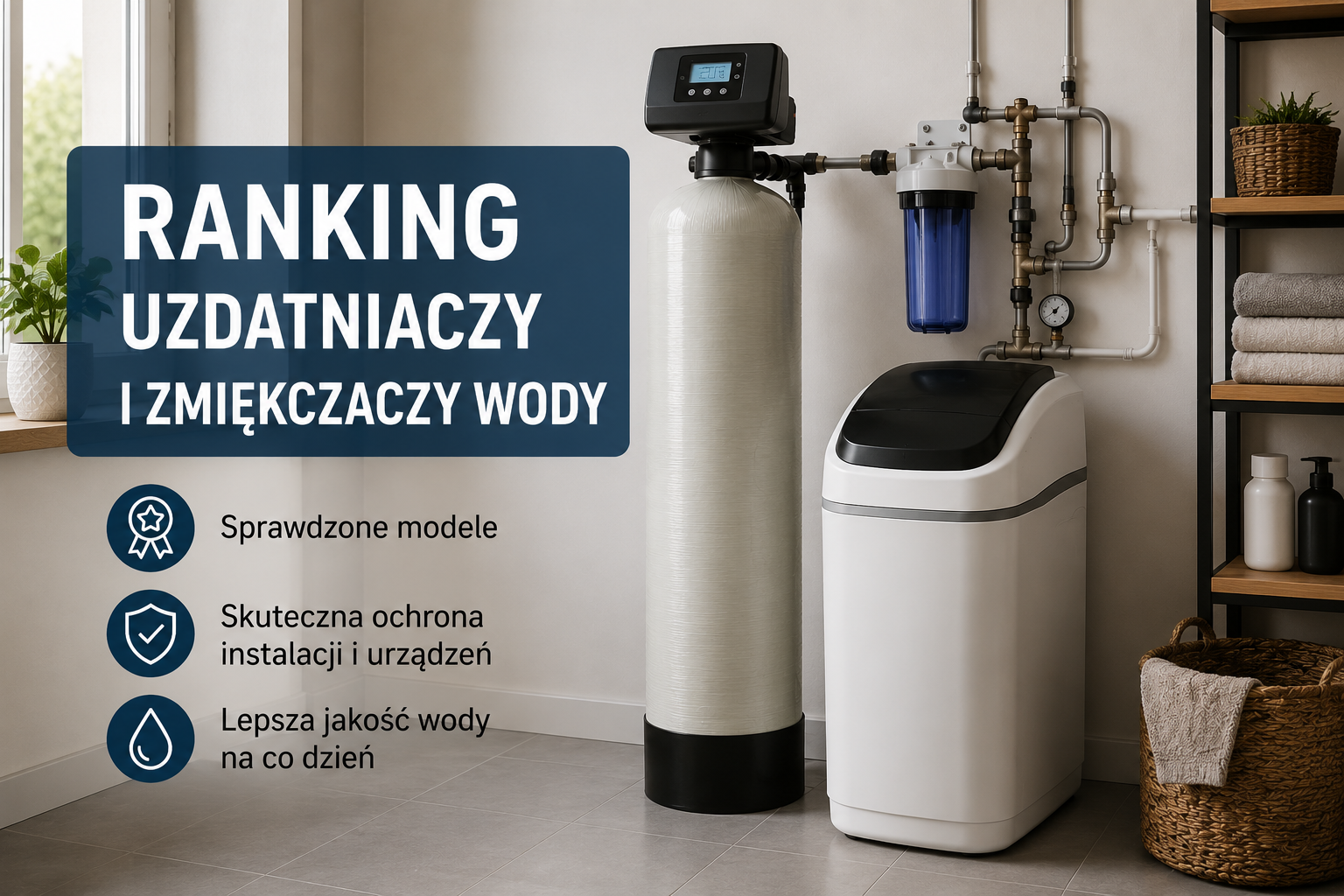 Ranking uzdatniaczy i zmiękczaczy wody z systemem filtracji w nowoczesnym pomieszczeniu technicznym
