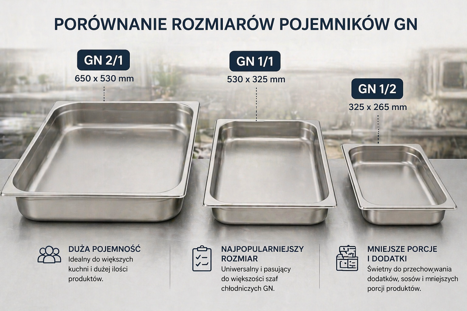 Por&oacute;wnanie pojemnik&oacute;w GN 1/1, GN 1/2 i GN 2/1 na stanowisku gastronomicznym