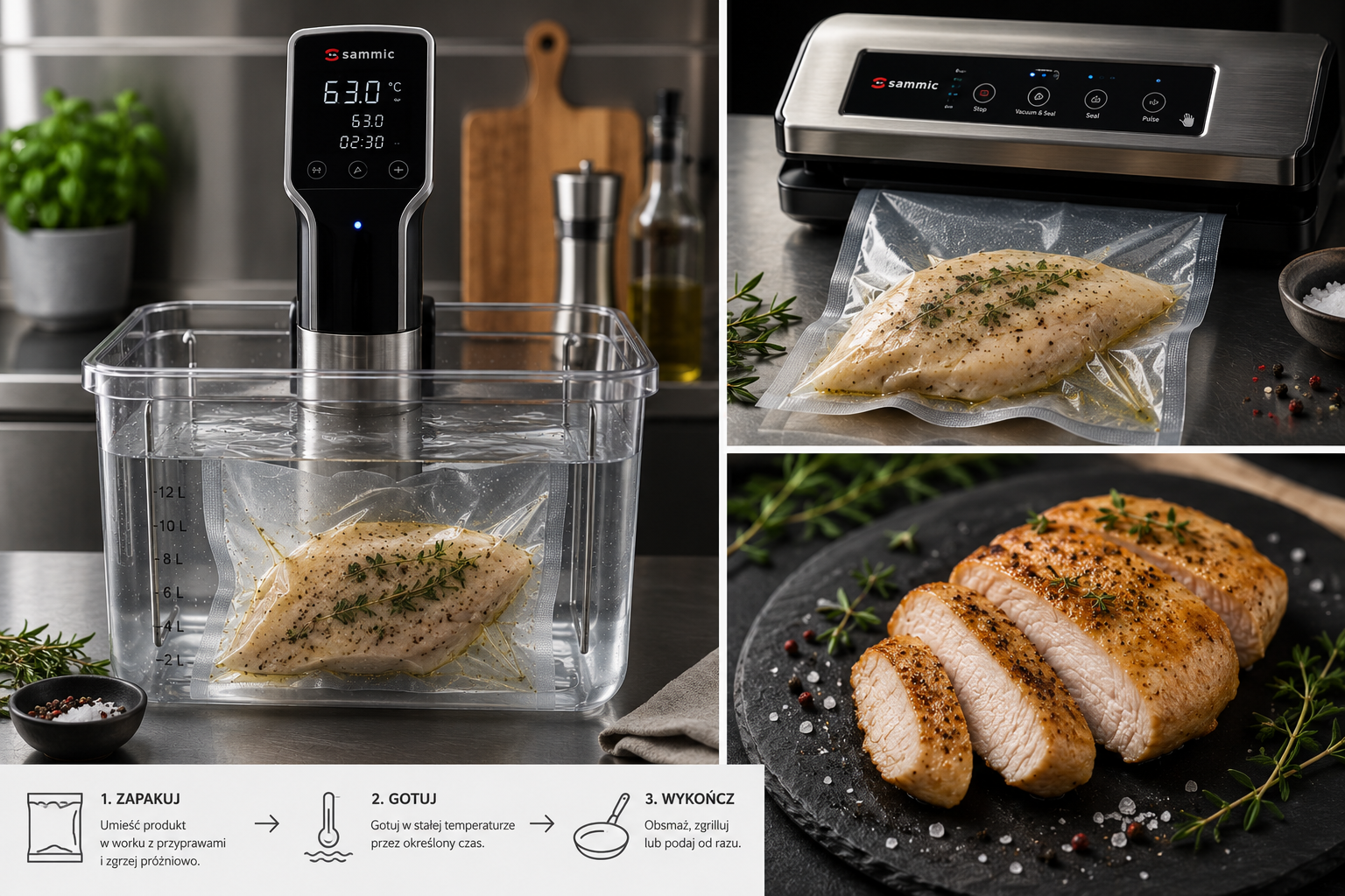 Pierś z kurczaka sous-vide w worku pr&oacute;żniowym, kąpieli wodnej i po obsmażeniu