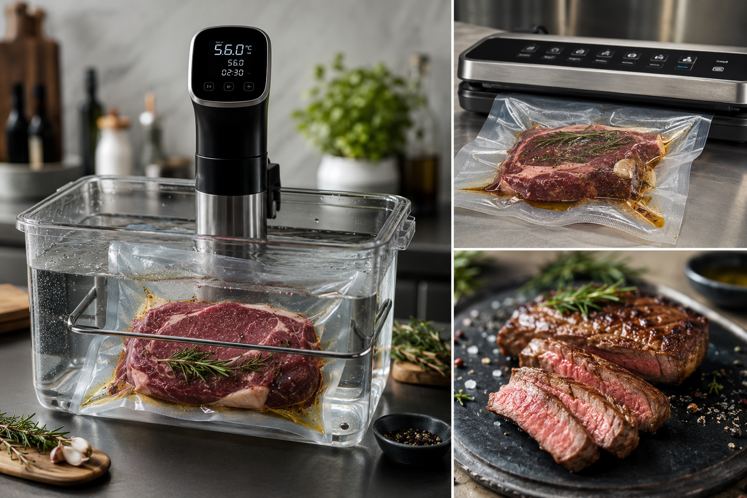 Stek sous-vide w worku pr&oacute;żniowym podczas gotowania oraz po obsmażeniu na desce