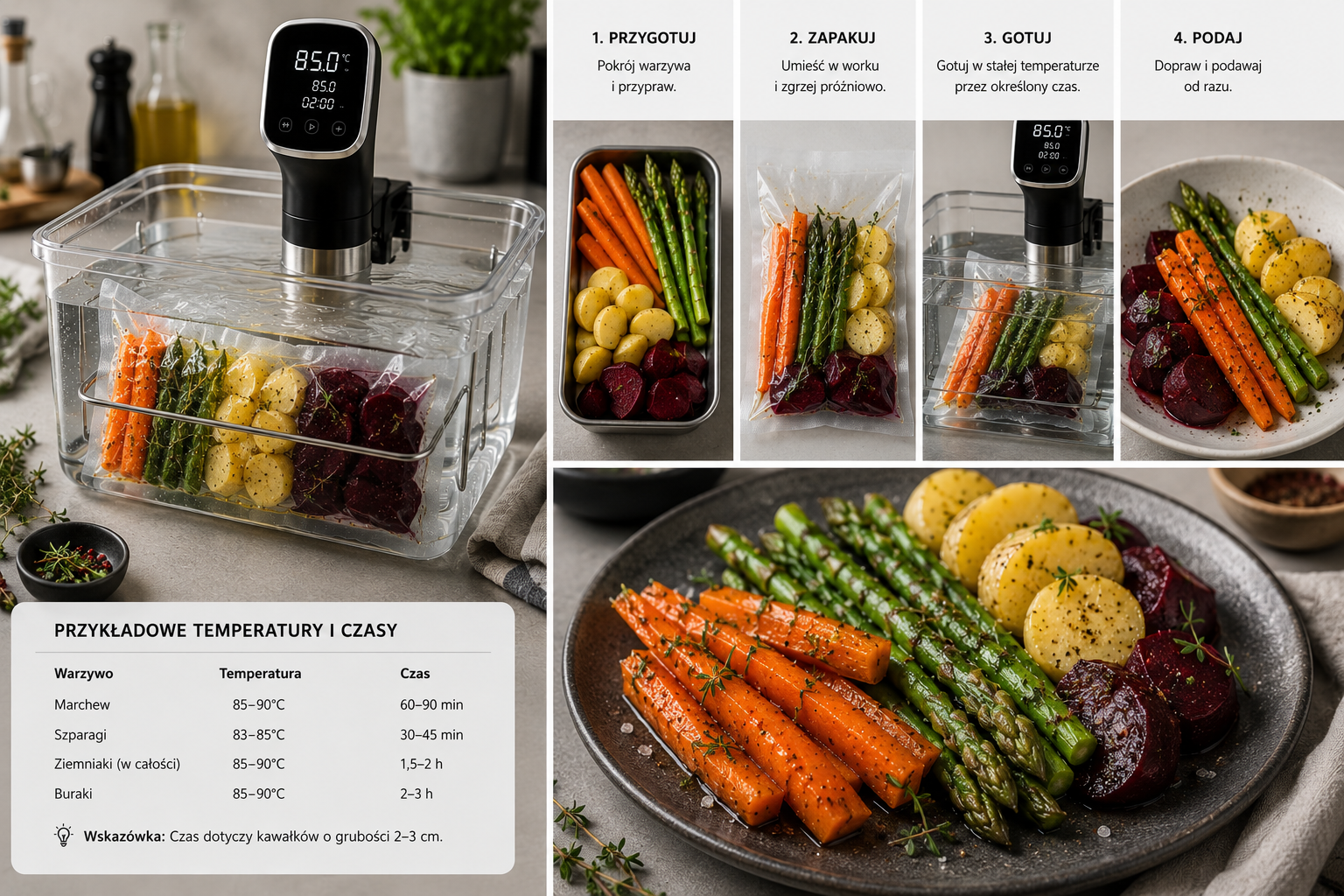 Warzywa sous-vide w worku pr&oacute;żniowym, kąpieli wodnej i po podaniu na talerzu