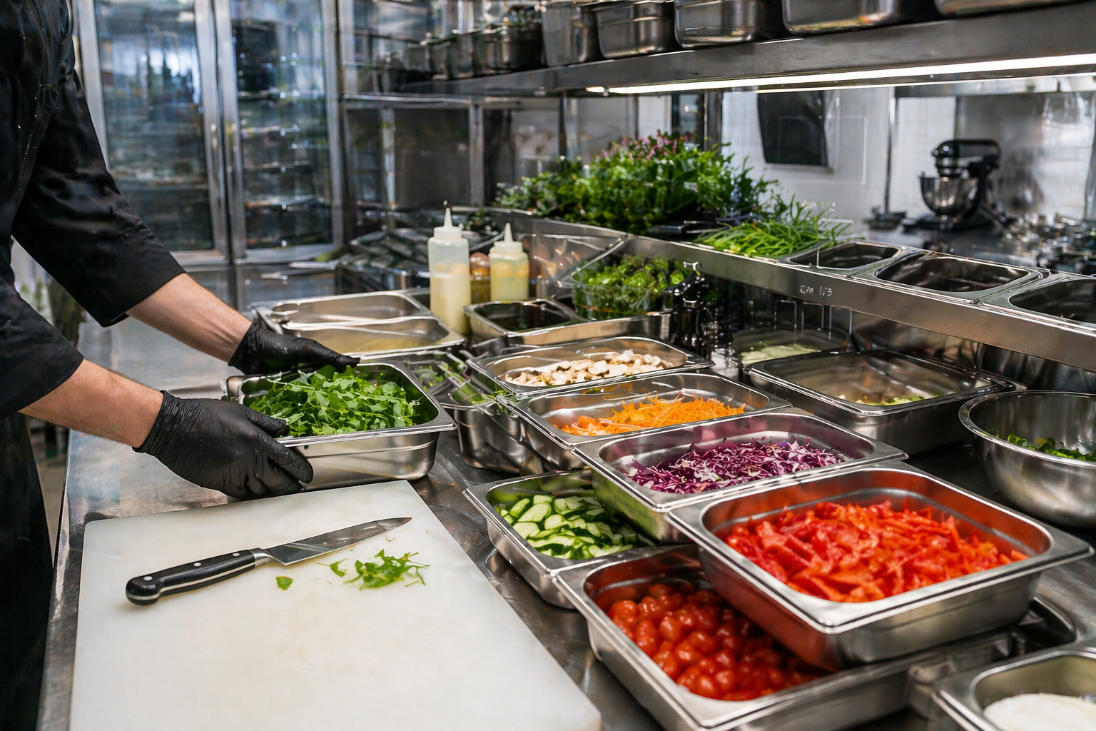 Stanowisko pracy w kuchni gastronomicznej z uporządkowanymi pojemnikami GN i składnikami
