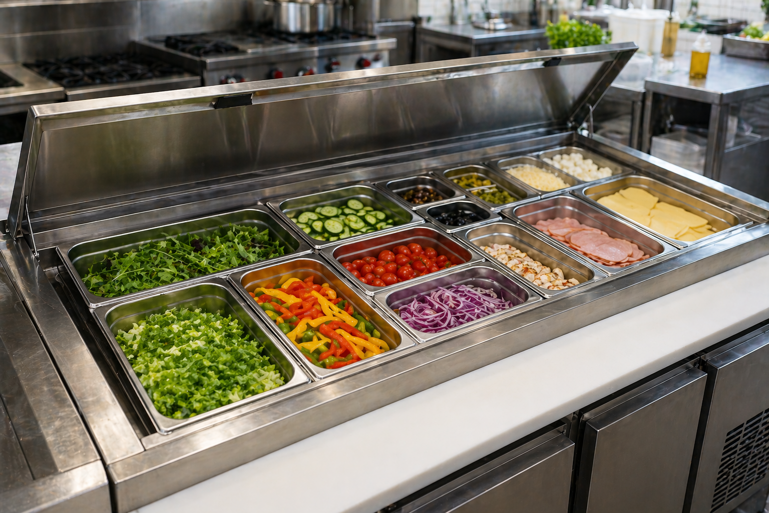 St&oacute;ł chłodniczy z pojemnikami GN i produktami pokazujący organizację pracy w gastronomii