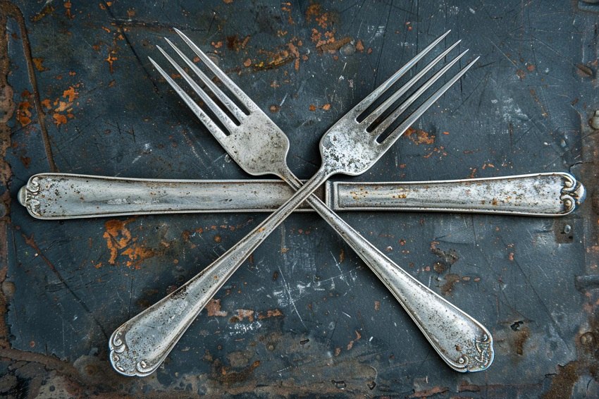 Sztućce pordzewiałe i czarne po złym użyciu w zmywarce