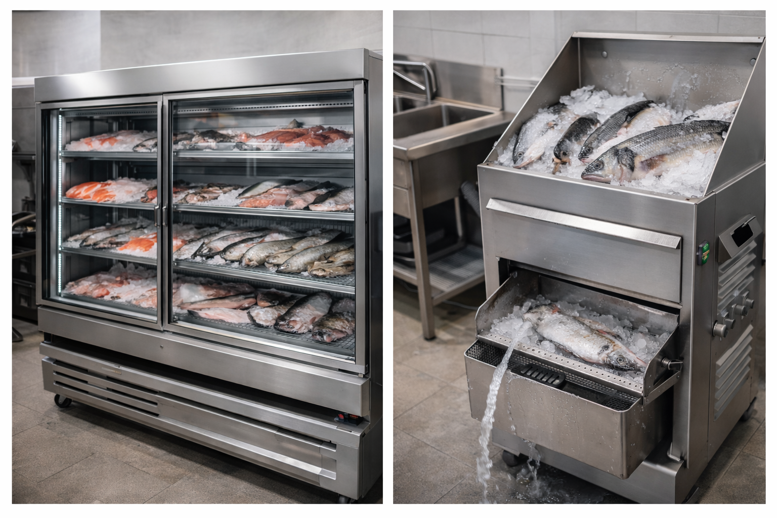 Profesjonalne wyposażenie kuchni gastronomicznej &ndash; szafa chłodnicza na ryby i łuskarka do lodu