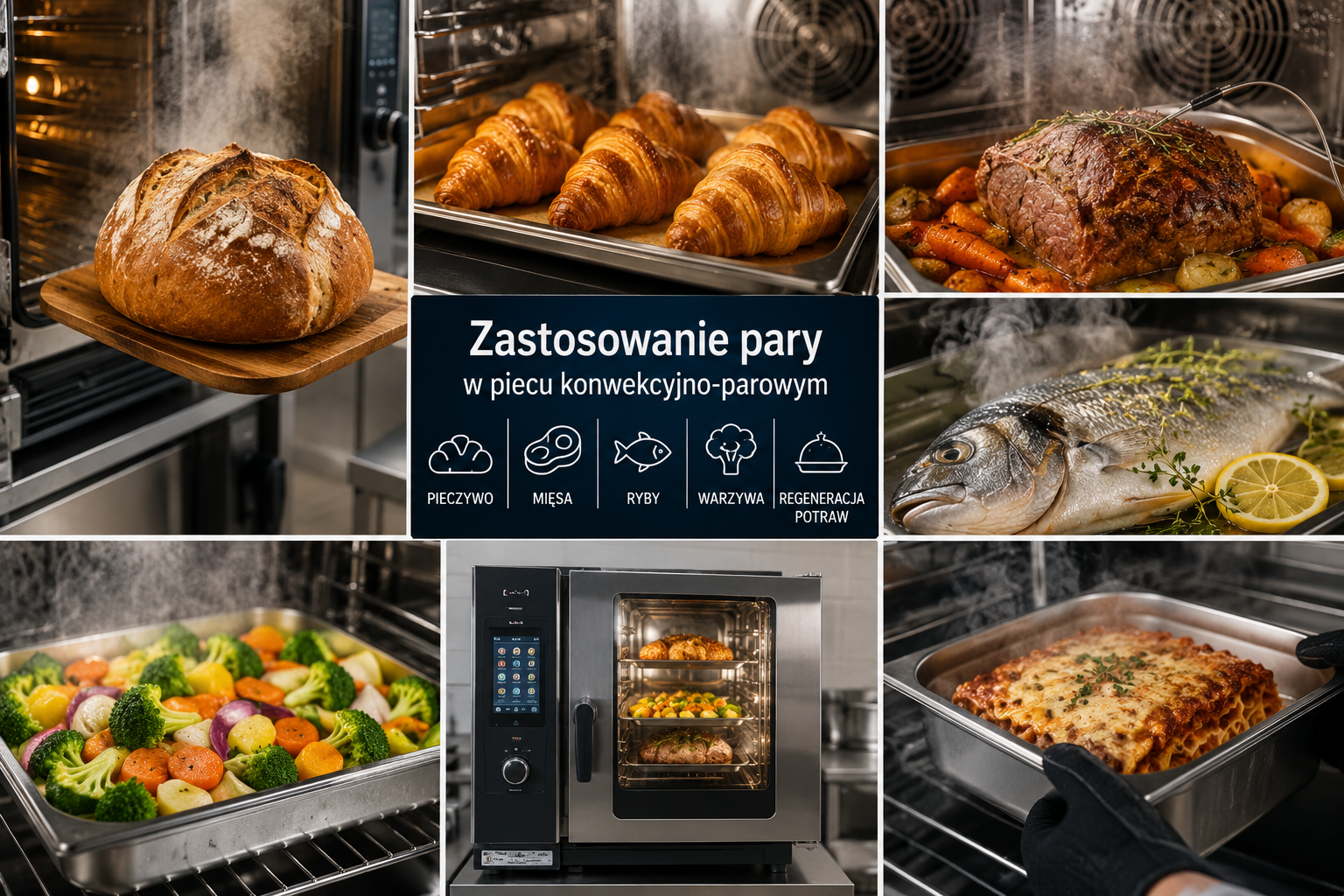 Zastosowanie pary w piecu konwekcyjno-parowym podczas pieczenia chleba mięsa ryb warzyw i regeneracji potraw