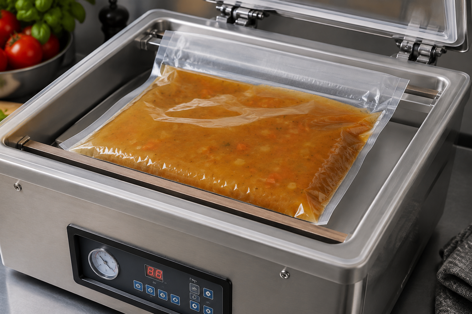 Zupa pakowana pr&oacute;żniowo w worku gładkim za pomocą pakowarki komorowej